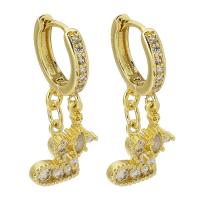 Huggie Hoop Drop Earring, Brass, Heart, gold color plated, micro pave cubic zirconia & for woman, 30mm, Sold By Pair
