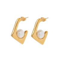 Stainless Steel Stud Earrings, 304 Stainless Steel, with ABS Plastic Pearl, Vacuum Ion Plating, fashion jewelry & for woman, golden, 20.25x22.50mm, Sold By Pair