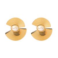 Stainless Steel Stud Earrings, 304 Stainless Steel, with ABS Plastic Pearl, Vacuum Ion Plating, fashion jewelry & for woman, golden, 33x30mm, Sold By Pair