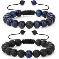 Bracelets de pierres précieuses, lave volcanique, avec oeil de tigre & corde en nylon, Rond, fait à la main, bijoux de mode & unisexe & réglable, plus de couleurs à choisir, 10mm, Longueur:18-28 cm, Vendu par PC