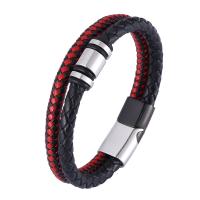 Cuir bracelet, avec Acier inoxydable 316, Double couche & bijoux de mode & longueur différente pour le choix & pour homme, noir et rouge, 12mm, Vendu par PC