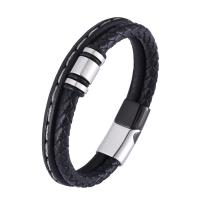 Leather Bracelet, with 316 Stainless Steel, Vacuum Ion Plating, fashion jewelry & different length for choice & for man, black, 12mm, Sold By PC