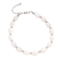 Bracelet en perles de culture d'eau douce, Argent sterling 925, avec perle d'eau douce cultivée, Placage de couleur argentée, bijoux de mode & pour femme, blanc, 190mm, Vendu par PC