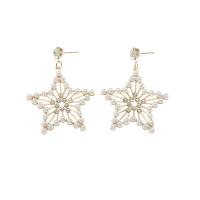 Tibetan Style Drop Earrings, with Plastic Pearl, Star, gold color plated, for woman & with rhinestone & hollow, 45x61mm, Sold By Pair