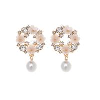 Resin Earring Resin Shell with Plastic Pearl & Zinc Alloy gold color plated for woman & with rhinestone 25-42mm Sold By Pair