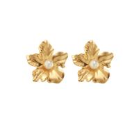 Tibetan Style Stud Earring, with Plastic Pearl, Flower, gold color plated, Korean style & for woman, 45x48mm, Sold By Pair