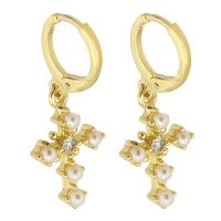Huggie Hoop Drop Earring Brass with Plastic Pearl Cross gold color plated micro pave cubic zirconia & for woman 31mm Sold By Pair