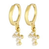 Huggie Hoop Drop Earring Brass with Plastic Pearl Cross gold color plated for woman 24mm Sold By Pair