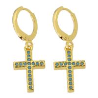 Huggie Hoop Drop Earring, Brass, with turquoise, Cross, gold color plated, for woman, 29mm, Sold By Pair