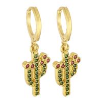 Boucles d'oreilles en laiton zircon cubique pavent, Opuntia Stricta, Placage de couleur d'or, pavé de micro zircon & pour femme, vert, 32mm, Vendu par paire