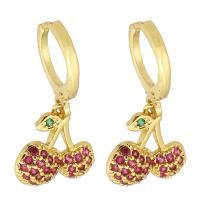 Huggie Hoop Drop Earring, Brass, Cherry, gold color plated, micro pave cubic zirconia & for woman, red, 25mm, Sold By Pair