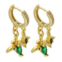 Huggie Hoop Drop Earring, Brass, Bird, gold color plated, micro pave cubic zirconia & for woman, green, 34mm, Sold By Pair