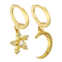 Asymmetric Earrings Brass Moon and Star gold color plated micro pave cubic zirconia & for woman 23mm 28mm Sold By Pair