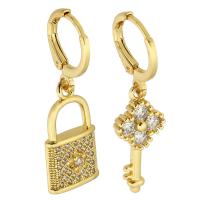 Asymmetric Earrings, Brass, Lock and Key, gold color plated, micro pave cubic zirconia & for woman & enamel, 31mm,32mm, Sold By Pair