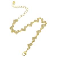 Bracelet cubique en laiton zircon pavent, coeur, Placage de couleur d'or, pavé de micro zircon & pour femme, Longueur:Environ 10 pouce, Vendu par PC