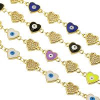 Bracelet Evil Eye bijoux, laiton, coeur, Placage de couleur d'or, pavé de micro zircon & pour femme & émail, plus de couleurs à choisir, Longueur:Environ 9 pouce, Vendu par PC