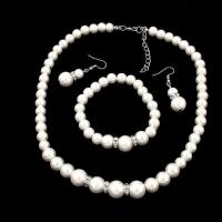 Zink legering Smykke sæt, armbånd & ørering & halskæde, Zinc Alloy, med Glass Pearl, tre stykker & mode smykker & for kvinde, hvid, nikkel, bly & cadmium fri, 40x10mm, Længde Ca. 17.72 inch, Solgt af sæt
