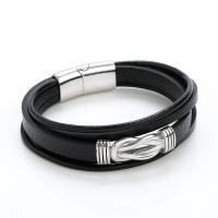 Bracelets cordon PU, Acier inoxydable 304, avec cuir PU, bijoux de mode & multicouche & pour femme, noire, 215mm, Vendu par PC