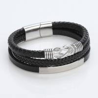Bracelets cordon PU, Acier inoxydable 304, avec cuir PU, poli, bijoux de mode & pour femme, noire, 215mm, Vendu par PC