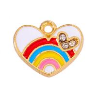 Tibetan Style Enamel Pendants, Heart, gold color plated, Unisex & with rhinestone, rainbow colors, nickel, lead & cadmium free, 14x12mm, Approx 100PCs/Bag, Sold By Bag