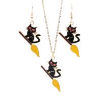 Zinc Alloy Jewelry Set earring & necklace Cat gold color plated Halloween Design & 2 pieces & for woman & enamel nickel lead & cadmium free Sold By Set