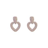 Cubic Zirconia Micro Pave Brass Earring, Heart, 14K gold plated, fashion jewelry & micro pave cubic zirconia & for woman & hollow, silver color, nickel, lead & cadmium free, 15x24mm, Sold By Pair