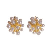 Brass Leverback Earring with Plastic Pearl Flower 14K gold plated fashion jewelry & for woman white nickel lead & cadmium free Sold By Pair