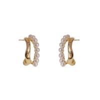 Brass Stud Earring with Plastic Pearl Letter C 14K gold plated fashion jewelry & for woman golden nickel lead & cadmium free Sold By Pair