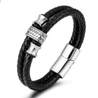 Acier titane bracelet, avec cuir de peau de vache, Double couche & bracelet tressé & pour homme, noire, 215mm, Vendu par PC