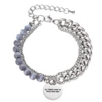 Titanium Steel Bracelet & Bangle, with Cats Eye, with 1.97inch extender chain, Double Layer & fashion jewelry & Unisex, original color, Length:Approx 7.09 Inch, Sold By PC