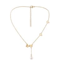 Titanium Steel Necklace, with Plastic Pearl, with 5cm extender chain, Butterfly, Vacuum Ion Plating, fashion jewelry & adjustable & for woman, golden, 18x40mm, Length:38 cm, Sold By PC