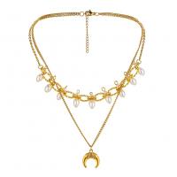 Titanstahl Halskette, mit Kunststoff Perlen, mit Verlängerungskettchen von 5cm, Mond, Doppelschicht & Modeschmuck & einstellbar & für Frau, goldfarben, 19x25mm, Länge:42 cm, 36 cm, verkauft von PC