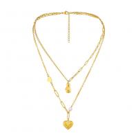 Titanstahl Halskette, mit Verlängerungskettchen von 5cm, Herz, Doppelschicht & Modeschmuck & einstellbar & für Frau, goldfarben, 16x30mm, Länge:48 cm, 38 cm, verkauft von PC