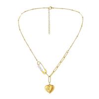 Collier d'acier titane, avec perle de plastique, avec 5cm chaînes de rallonge, coeur, bijoux de mode & réglable & pour femme, doré, 16x28mm, Longueur:40 cm, Vendu par PC