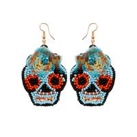 Earring Jewelry, Seedbead, with Sequins & PU Leather & Crystal & Brass, Skull, handmade, Bohemian style & for woman, blue, 36x65mm, Sold By Pair