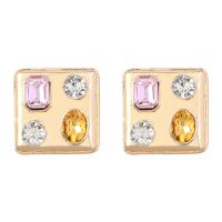 Zinc Alloy Stud Earring Square gold color plated for woman & with rhinestone Sold By Pair