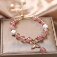 Bracelets quartz, Strawberry Quartz, avec alliage de zinc, Placage de couleur d'or, pavé de micro zircon & pour femme, rose, Longueur:Environ 7.6 pouce, Vendu par PC