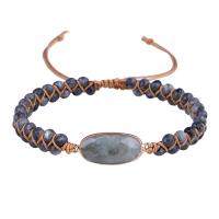 Gemstone Woven Ball Bracelets, Polyester Cord, with Labradorite & Brass, fashion jewelry & for woman, black, 52x19mm, Sold By Strand