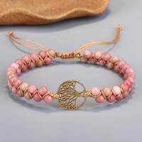 Gemstone Woven Ball Bracelets, Polyester Cord, with Rhodochrosite & 304 Stainless Steel, Tree, fashion jewelry & for woman, pink, Sold Per 15-30 cm Strand