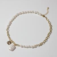 Freshwater Pearl Mässing Chain Necklace, med Mässing, med 5cm extender kedja, Square, guldfärg pläterade, Vintage & för kvinna, vit, 7-8mm, Längd Ca 45 cm, Säljs av PC