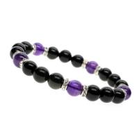 Gemstone Bracelets Black Agate with rhinestone zinc alloy spacer & Amethyst Round for woman mixed colors 8mm Length 7.1 Inch Sold By PC