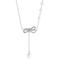 Cubic Zircon Micro Pave Brass Necklace with Plastic Pearl with 6cm extender chain Bowknot silver color plated fashion jewelry & micro pave cubic zirconia & for woman silver color nickel lead & cadmium free Length 40 cm Sold By PC