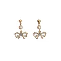 Cubic Zirconia Micro Pave Brass Earring, with Plastic Pearl, Bowknot, gold color plated, fashion jewelry & micro pave cubic zirconia & for woman, nickel, lead & cadmium free, 17x30mm, Sold By Pair