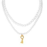 Plastic Pearl Necklace, with Titanium Steel, with 5cm extender chain, Key, Vacuum Ion Plating, Double Layer & fashion jewelry & adjustable & for woman, white, 11x30mm, Length:40 cm, 46 cm, Sold By PC