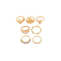 Juego de anillos de aleación de zinc, chapado en color dorado, 7 piezas & para mujer & esmalte & con diamantes de imitación, libre de níquel, plomo & cadmio, tamaño:6.5-8, Vendido por Set