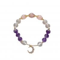 Bracelets quartz, améthyste, avec Strawberry Quartz & alliage de zinc, lune, pour femme & avec strass, 8mm, Longueur:Environ 6.5 pouce, Vendu par PC
