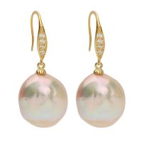 Freshwater Pearl Earrings, with Brass, Flat Round, gold color plated, vintage & micro pave cubic zirconia & for woman, white, 14.50x35mm, Sold By Pair