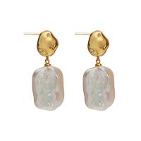 Freshwater Pearl Earrings, with Cubic Zirconia & Brass, Square, gold color plated, vintage & for woman, white, 14.50x35mm, Sold By Pair