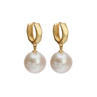 Freshwater Pearl Earrings with Brass Round gold color plated for woman white Sold By Pair
