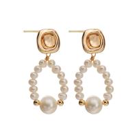 Freshwater Pearl Earrings, with Brass, 18K gold plated, for woman, white, 20x40mm, Sold By Pair